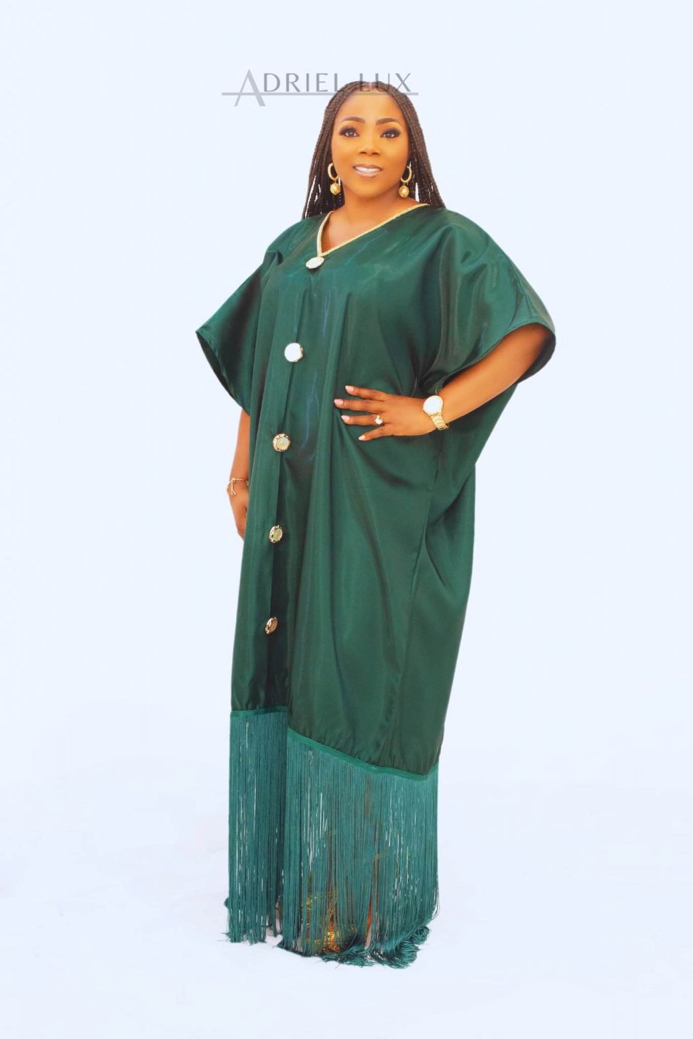 Fringe Hem Button-Down Mikado Boubou Dress With Matching Head-Tie