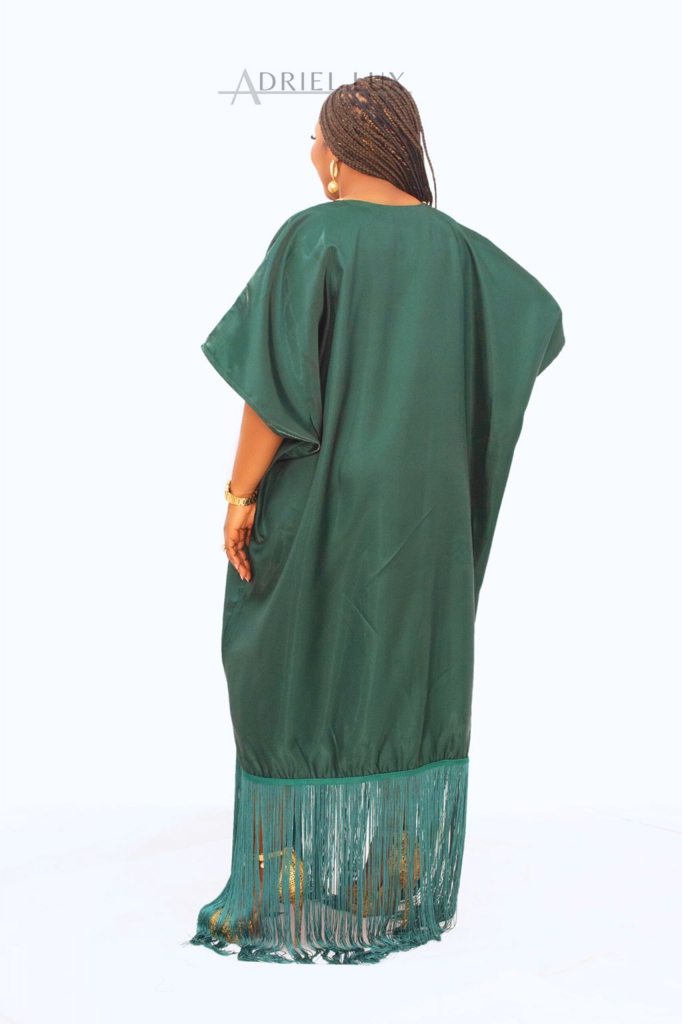 Fringe Hem Button-Down Mikado Boubou Dress With Matching Head-Tie