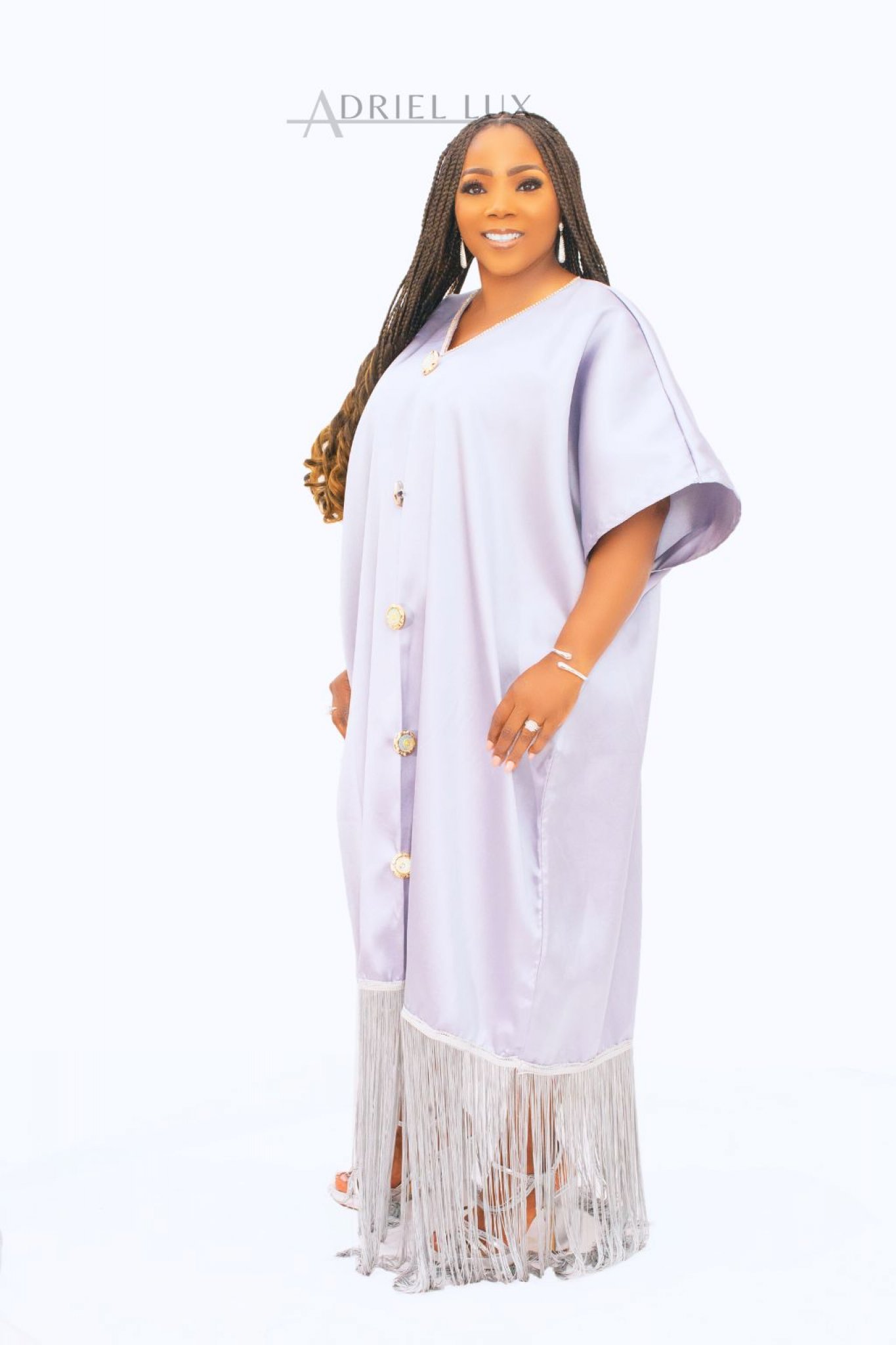 **Fringe Hem Button-Down Mikado Boubou Dress With Matching Head-Tie*