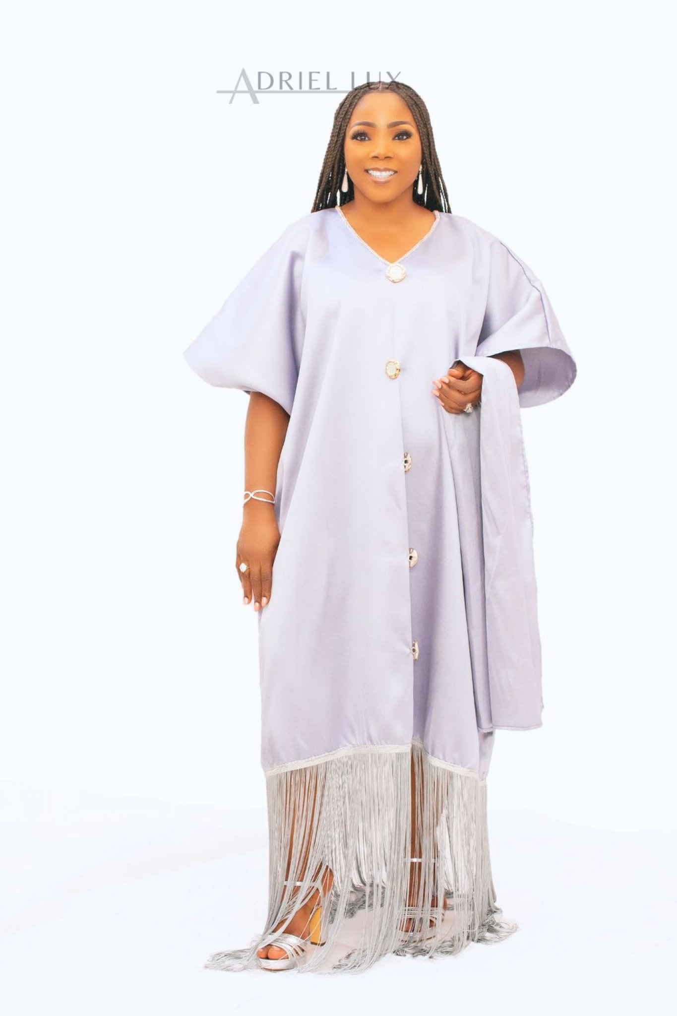 **Fringe Hem Button-Down Mikado Boubou Dress With Matching Head-Tie*