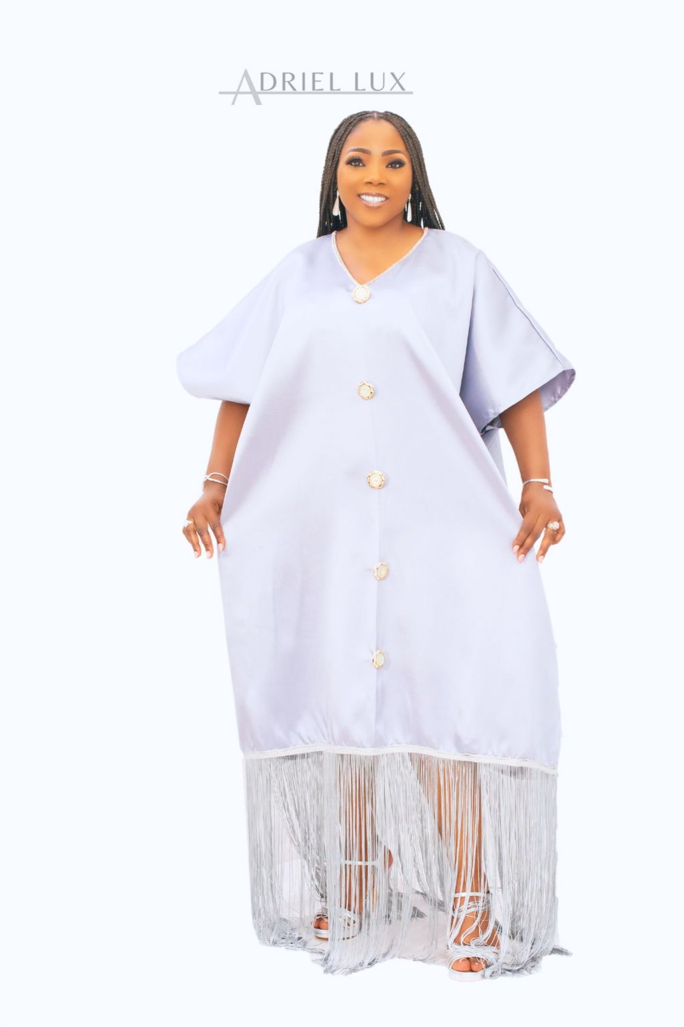 **Fringe Hem Button-Down Mikado Boubou Dress With Matching Head-Tie*