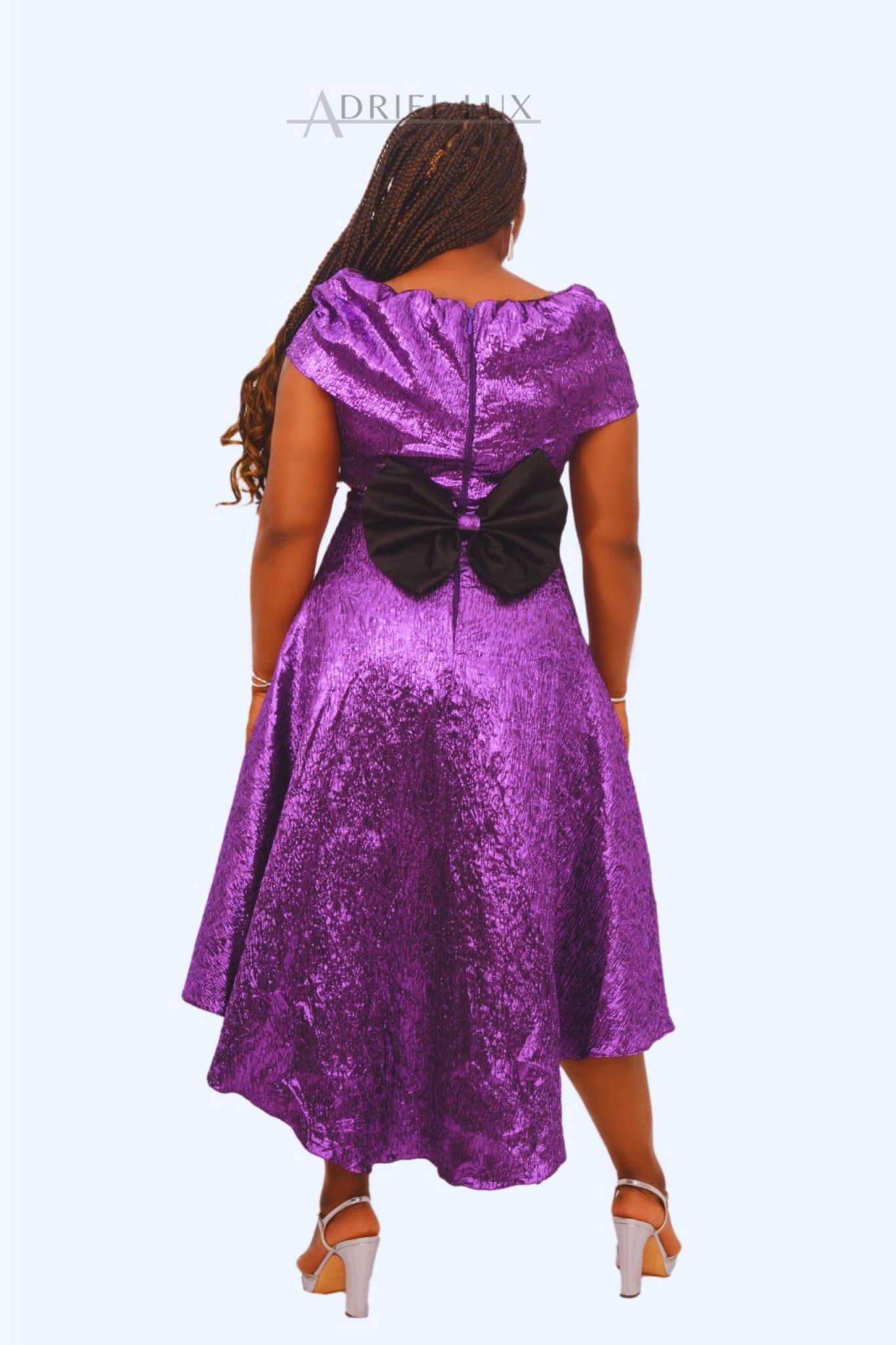 Bowed Back Brocade Hi-Low Flare Midi Dress