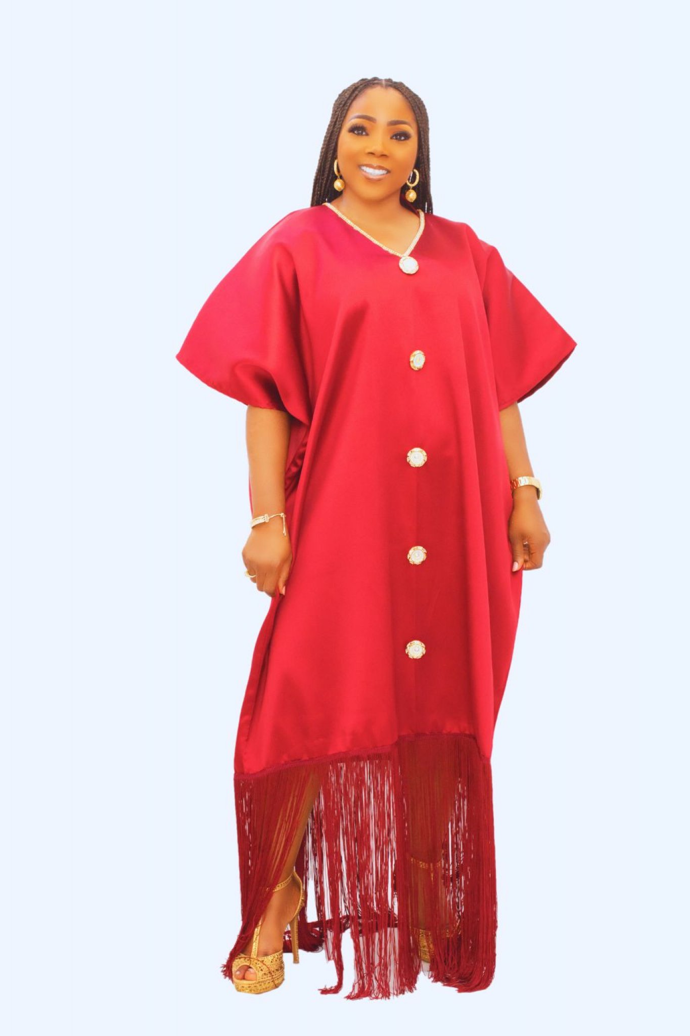 Fringe Hem Button-Down Mikado Boubou Dress With Matching Head-Tie