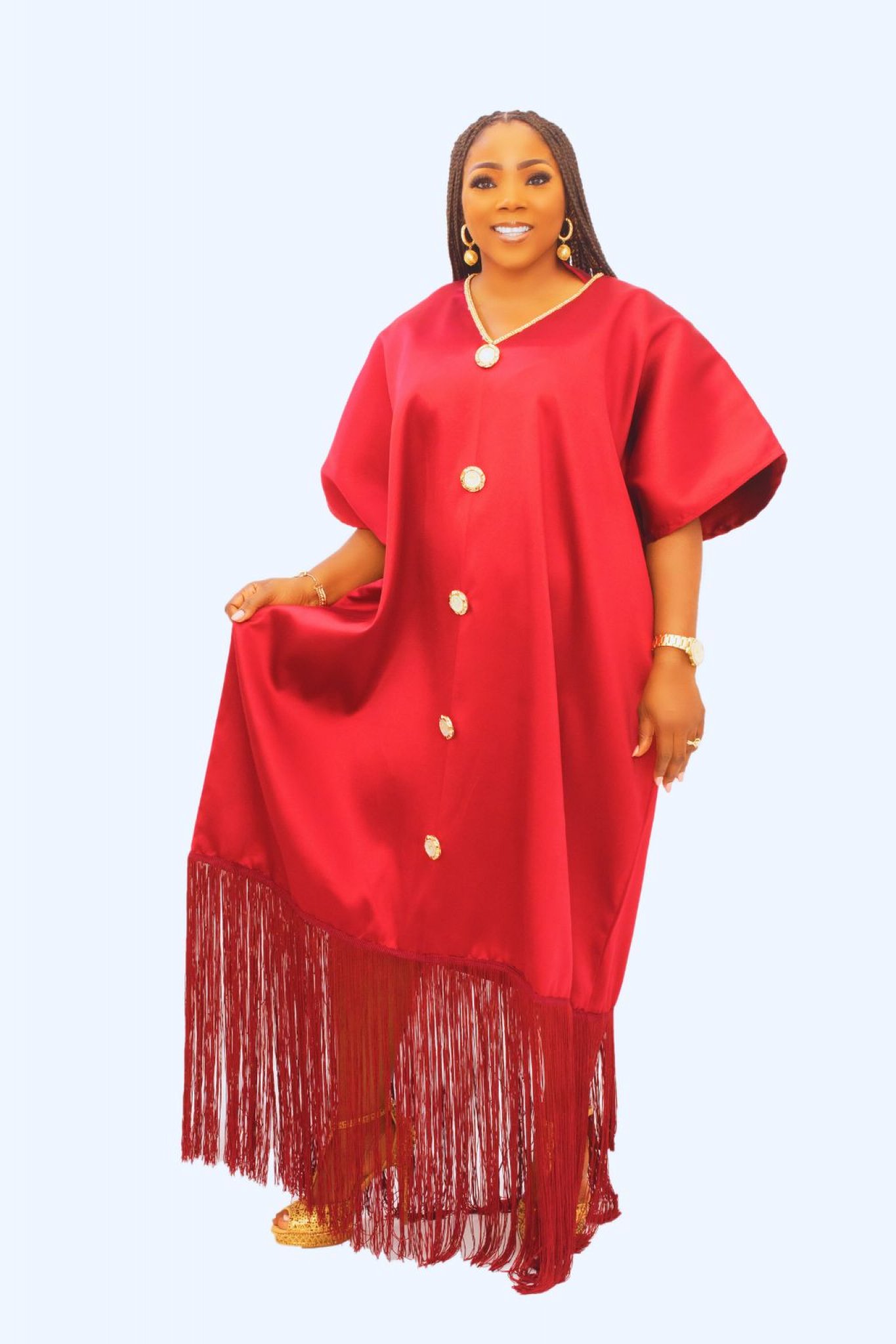 Fringe Hem Button-Down Mikado Boubou Dress With Matching Head-Tie