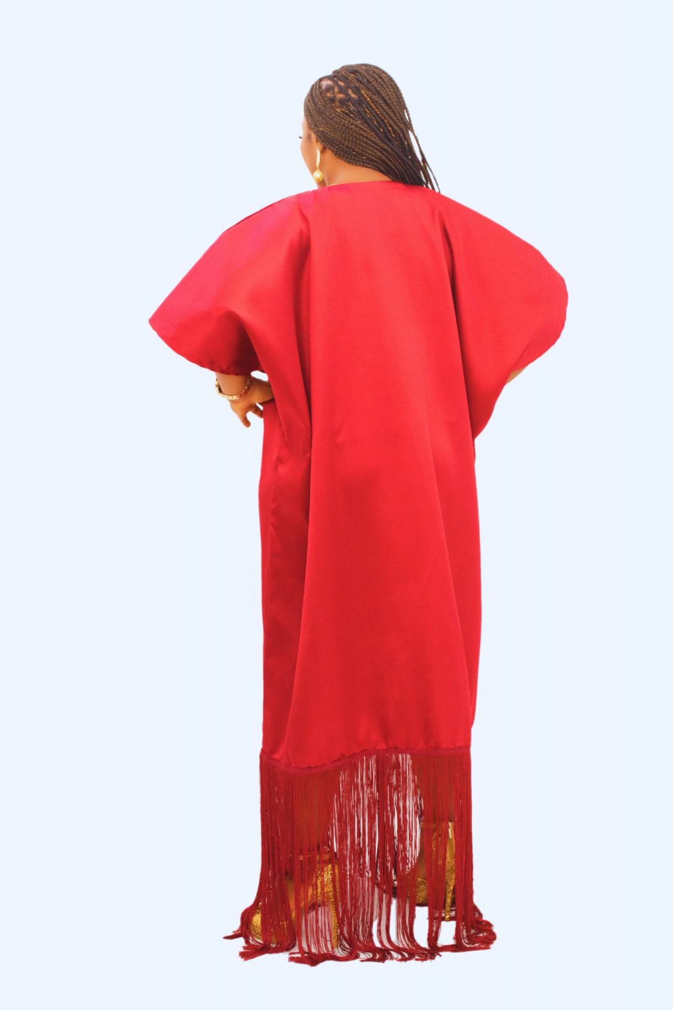 Fringe Hem Button-Down Mikado Boubou Dress With Matching Head-Tie