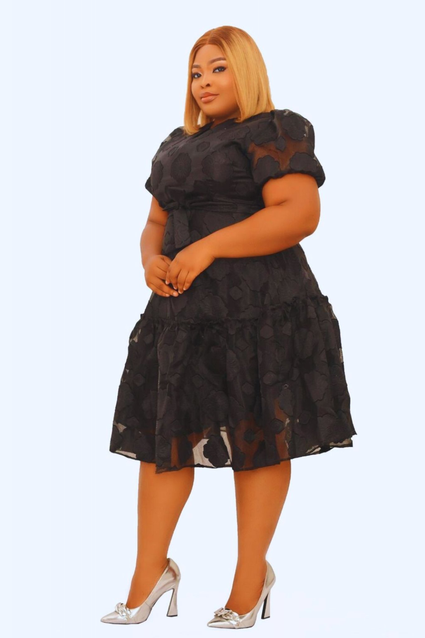 Self-Tie Brocade Organza Midi Flare Dress