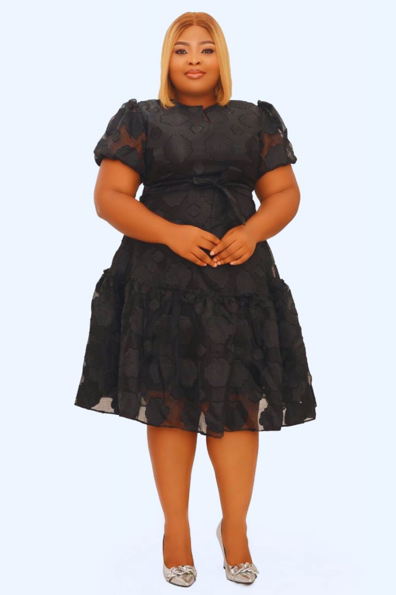 Self-Tie Brocade Organza Midi Flare Dress