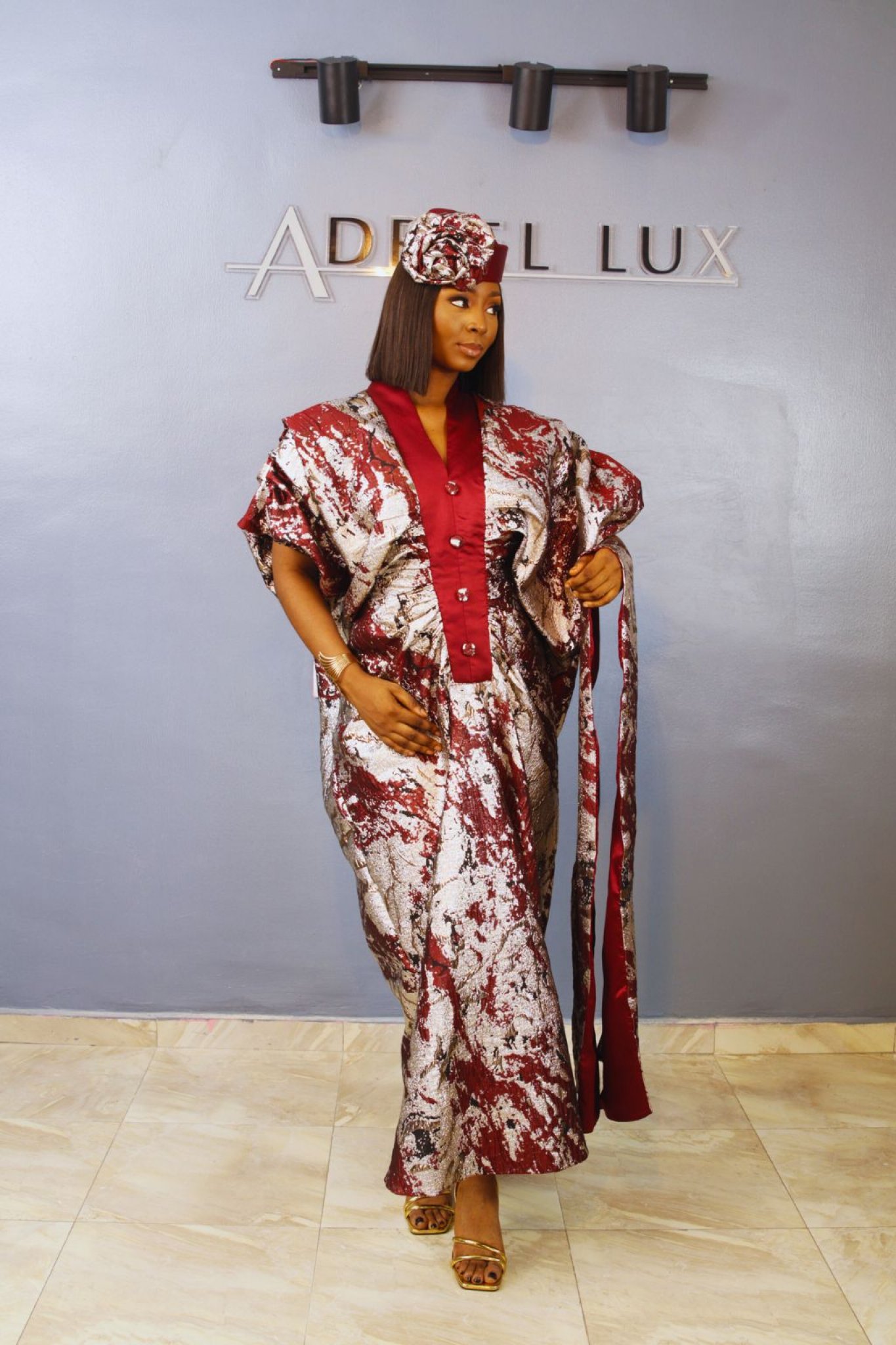 LYDIA 3-Piece Puff-Sleeve Brocade Boubou Dress With Button-Down Mikado Chest Panel