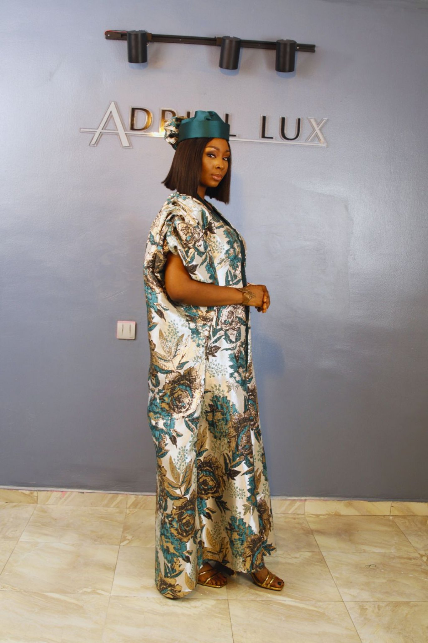 LYDIA03 3-Piece Puff-Sleeve Brocade Boubou Dress With Button-Down Mikado Placke