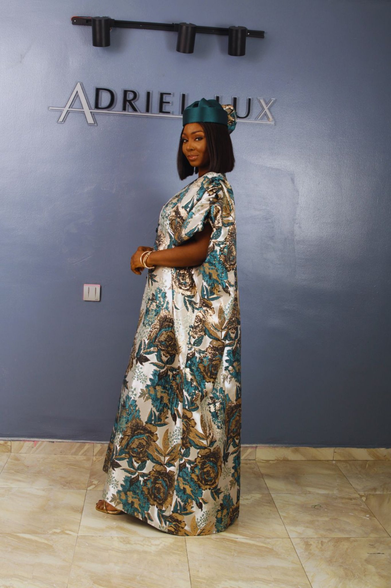 LYDIA03 3-Piece Puff-Sleeve Brocade Boubou Dress With Button-Down Mikado Placke