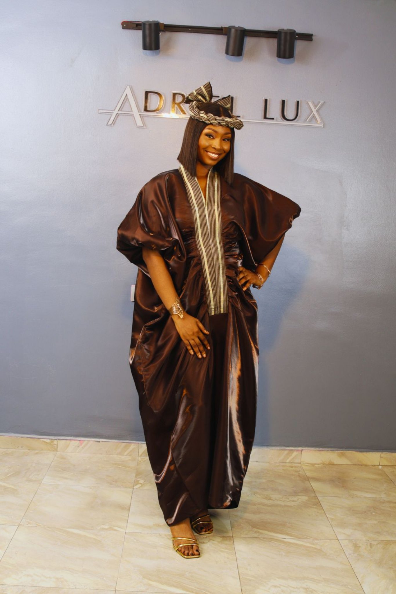 MOFE02-piece Liquid Mikado-Asooke Mix Boubou Dress and Hat Set M/L