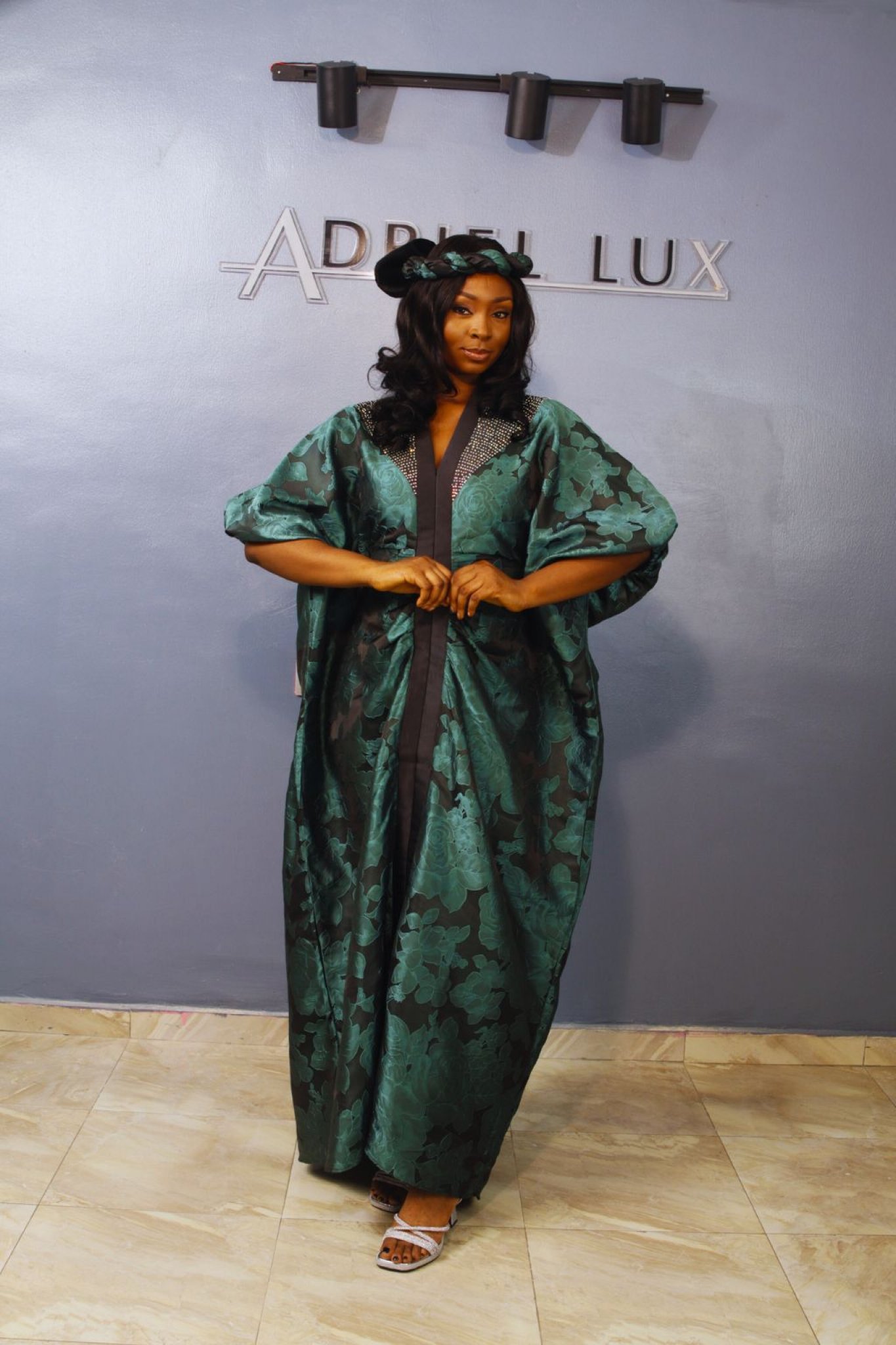 LAYO 3-Piece Lace Brocade Boubou With a Matching Turban- Green M/L