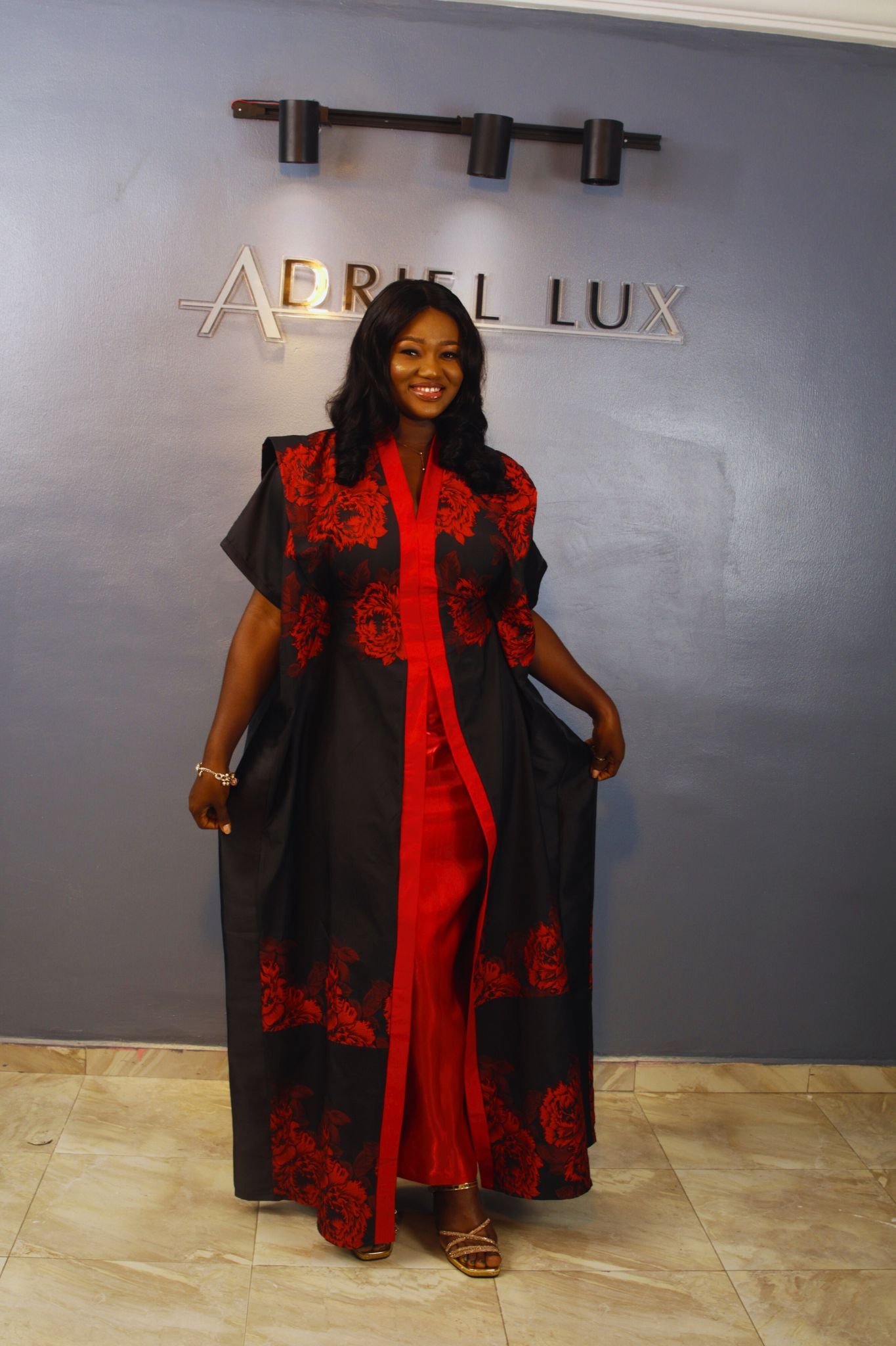 Adriel Lux 2-Piece Brocade Boubou Jacket with Inner Self-Tie Belts & Liquid Mikado Skirt Set.