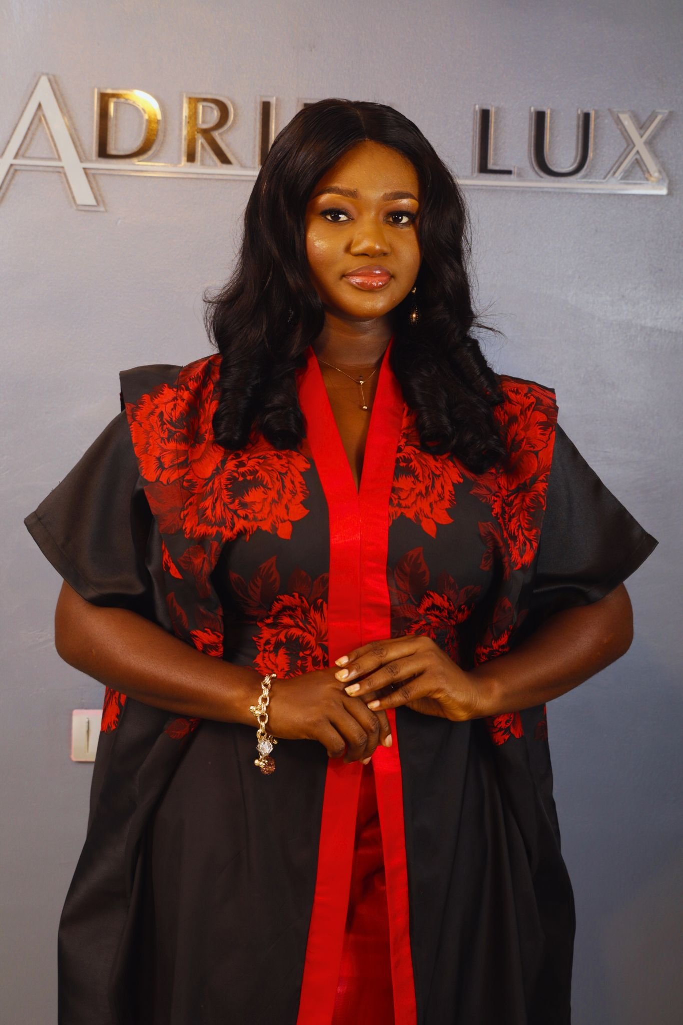 Adriel Lux 2-Piece Brocade Boubou Jacket with Inner Self-Tie Belts & Liquid Mikado Skirt Set.
