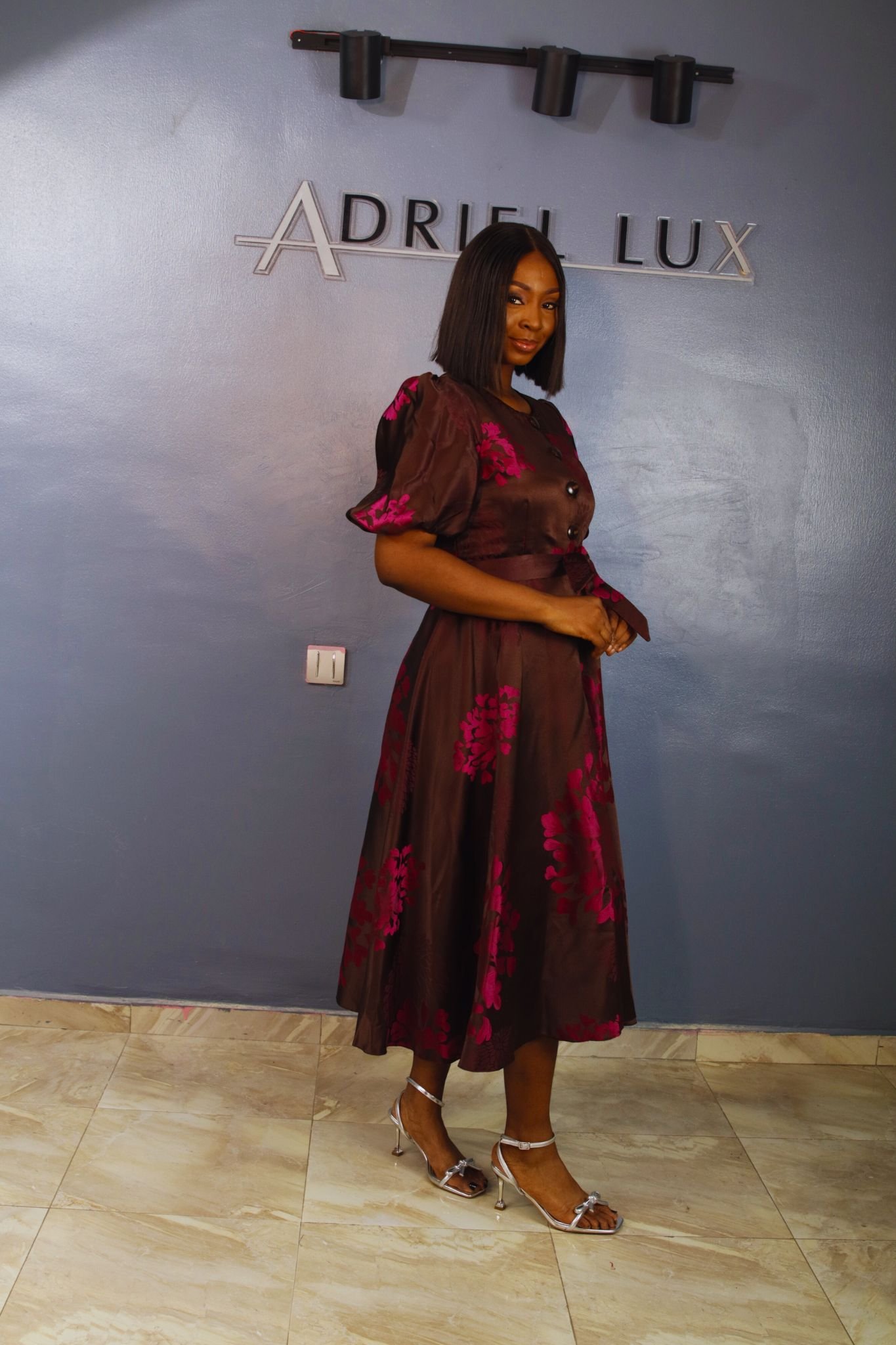 Self-Tie Button-Down Floral Patterned Damask Midi Flare Dress