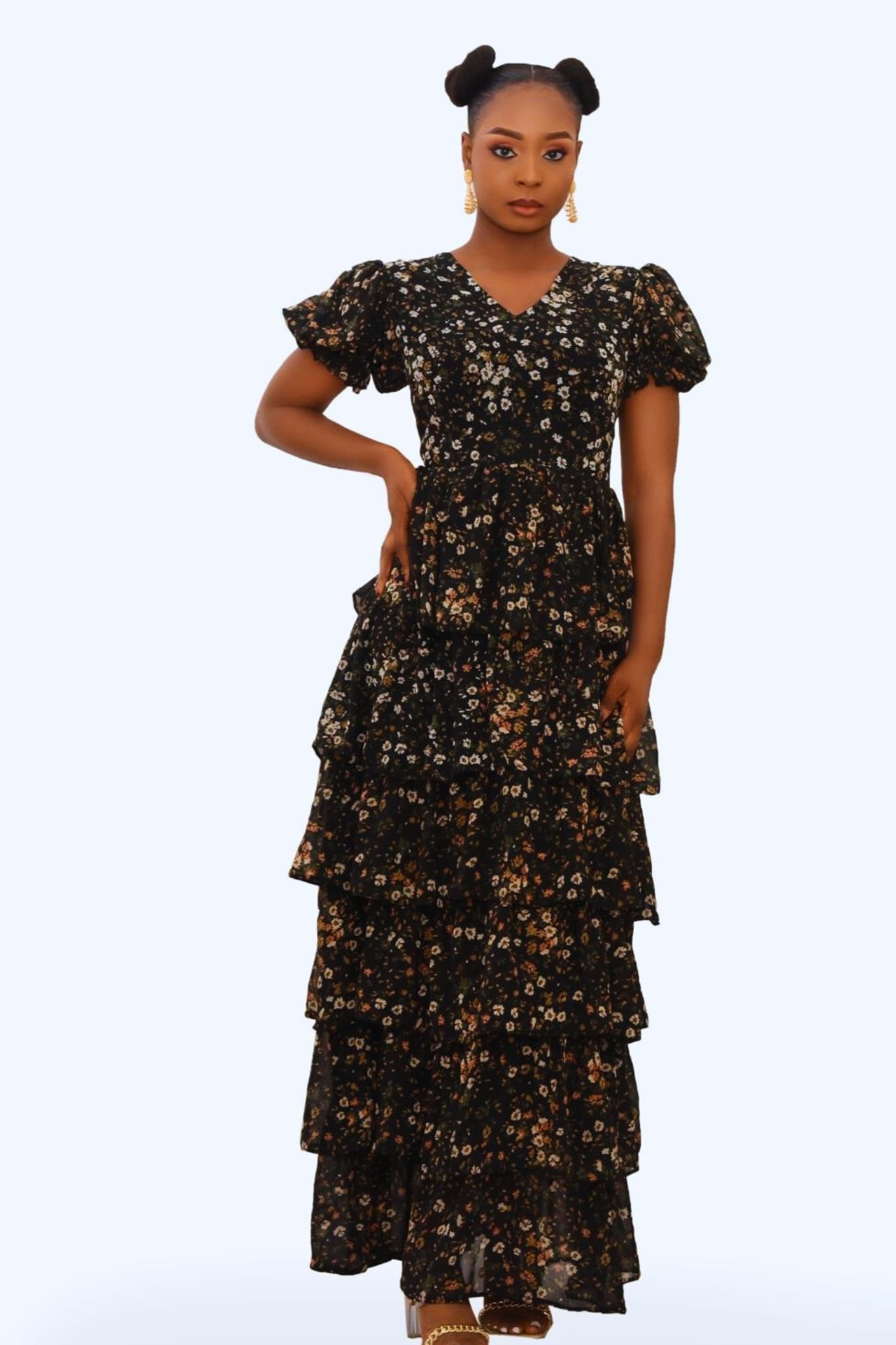 Floral-Embroidery Adorned Tiered Maxi Dress