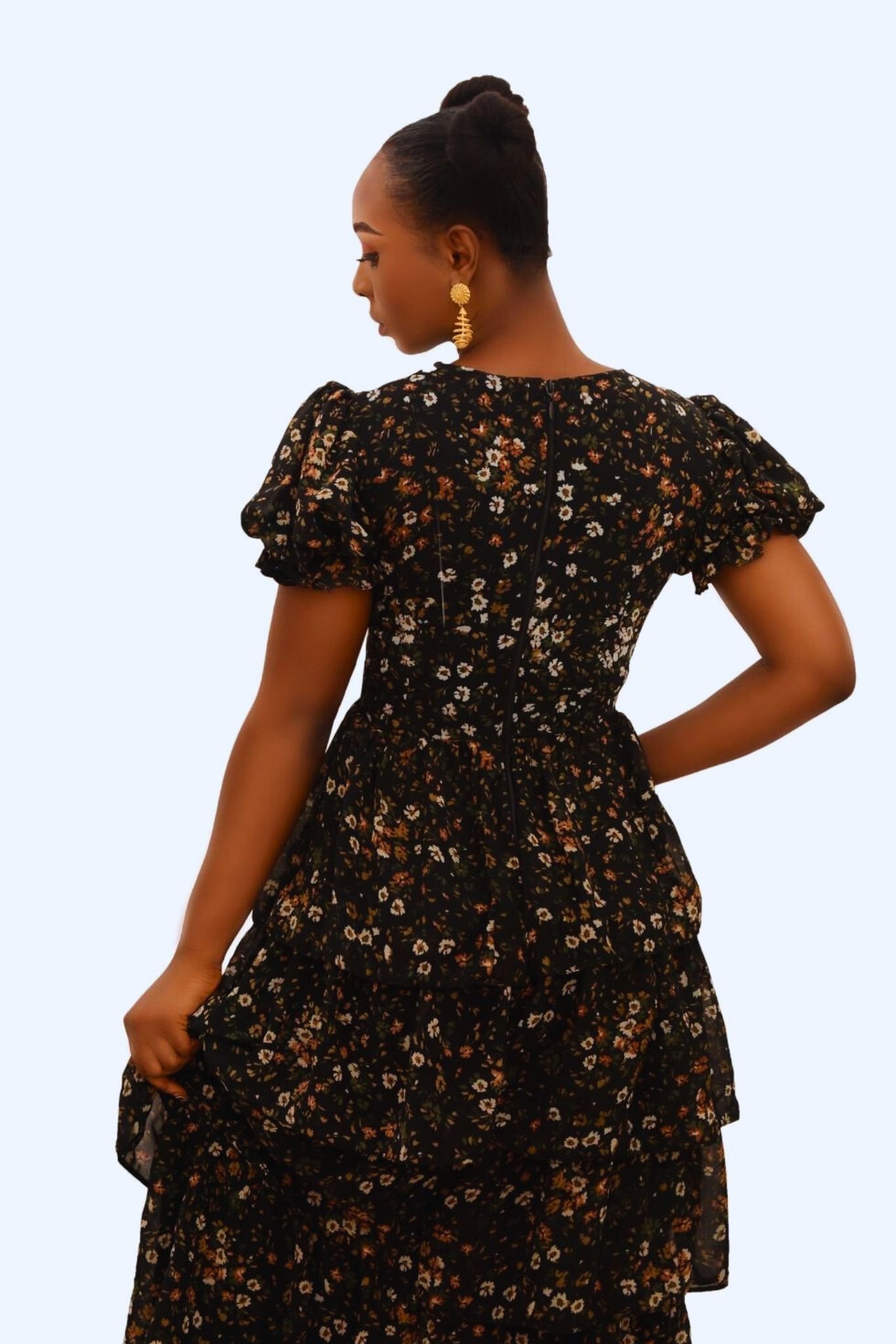 Floral-Embroidery Adorned Tiered Maxi Dress