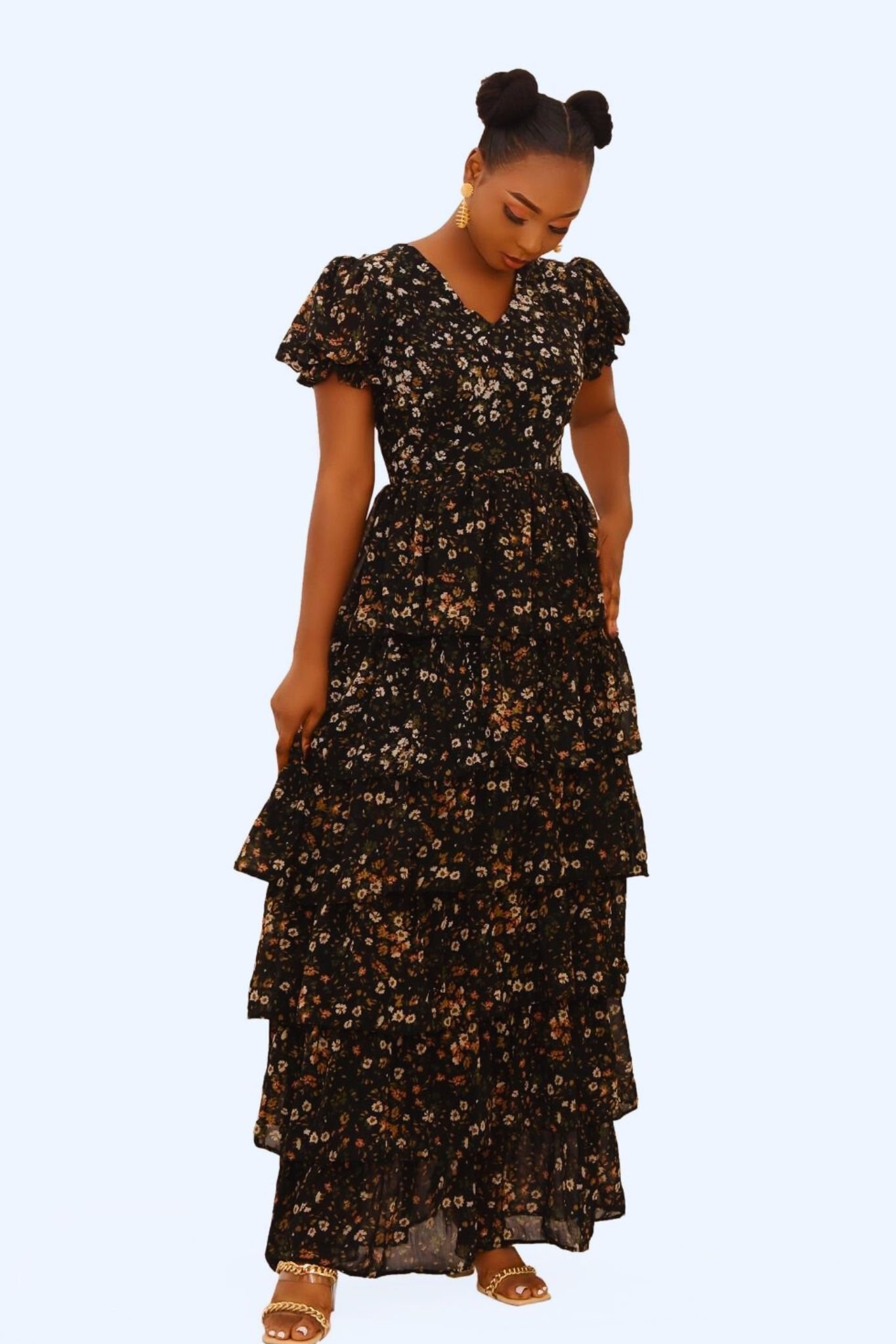 Floral-Embroidery Adorned Tiered Maxi Dress
