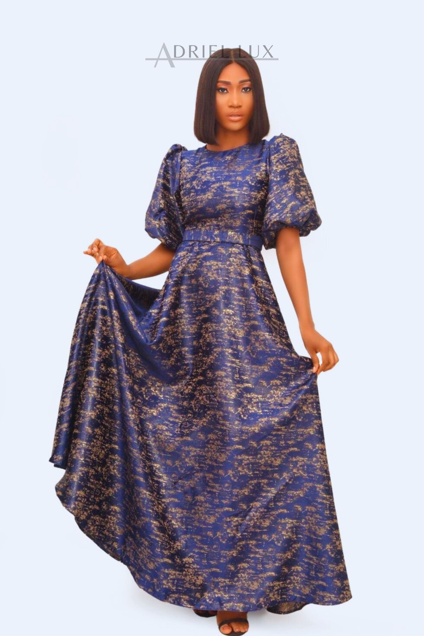 Damask Maxi Flare Dress with Bell Puff Sleeves & Bowed Self-Tie