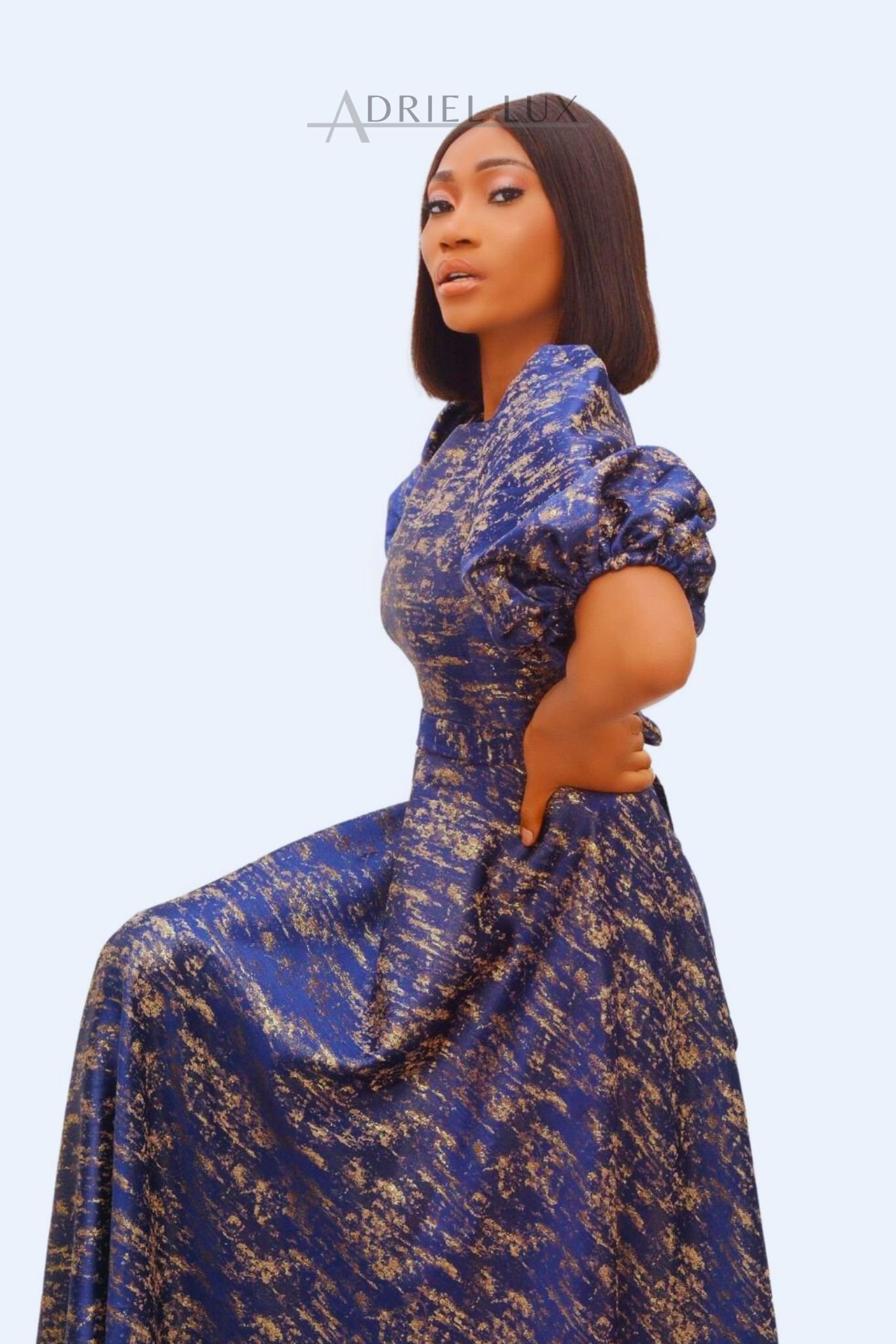 Damask Maxi Flare Dress with Bell Puff Sleeves & Bowed Self-Tie