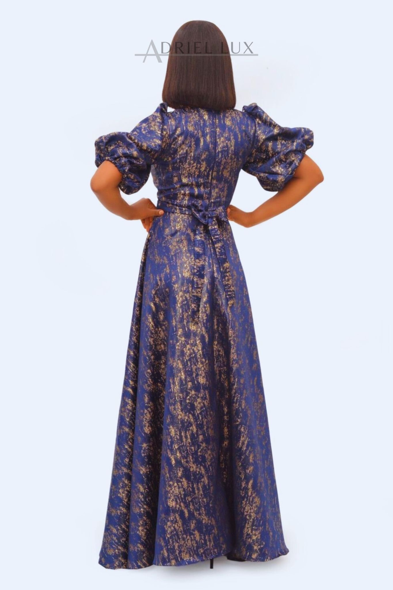 Damask Maxi Flare Dress with Bell Puff Sleeves & Bowed Self-Tie