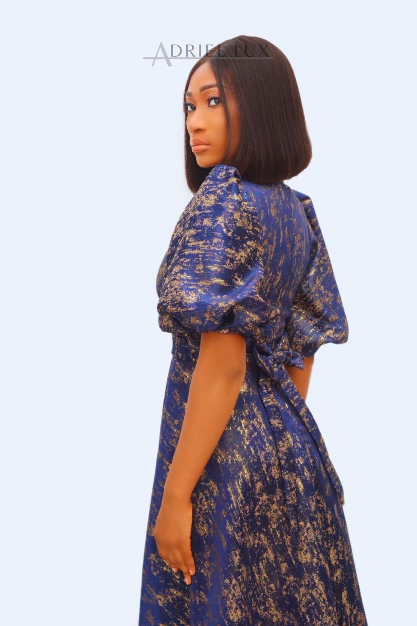Damask Maxi Flare Dress with Bell Puff Sleeves & Bowed Self-Tie