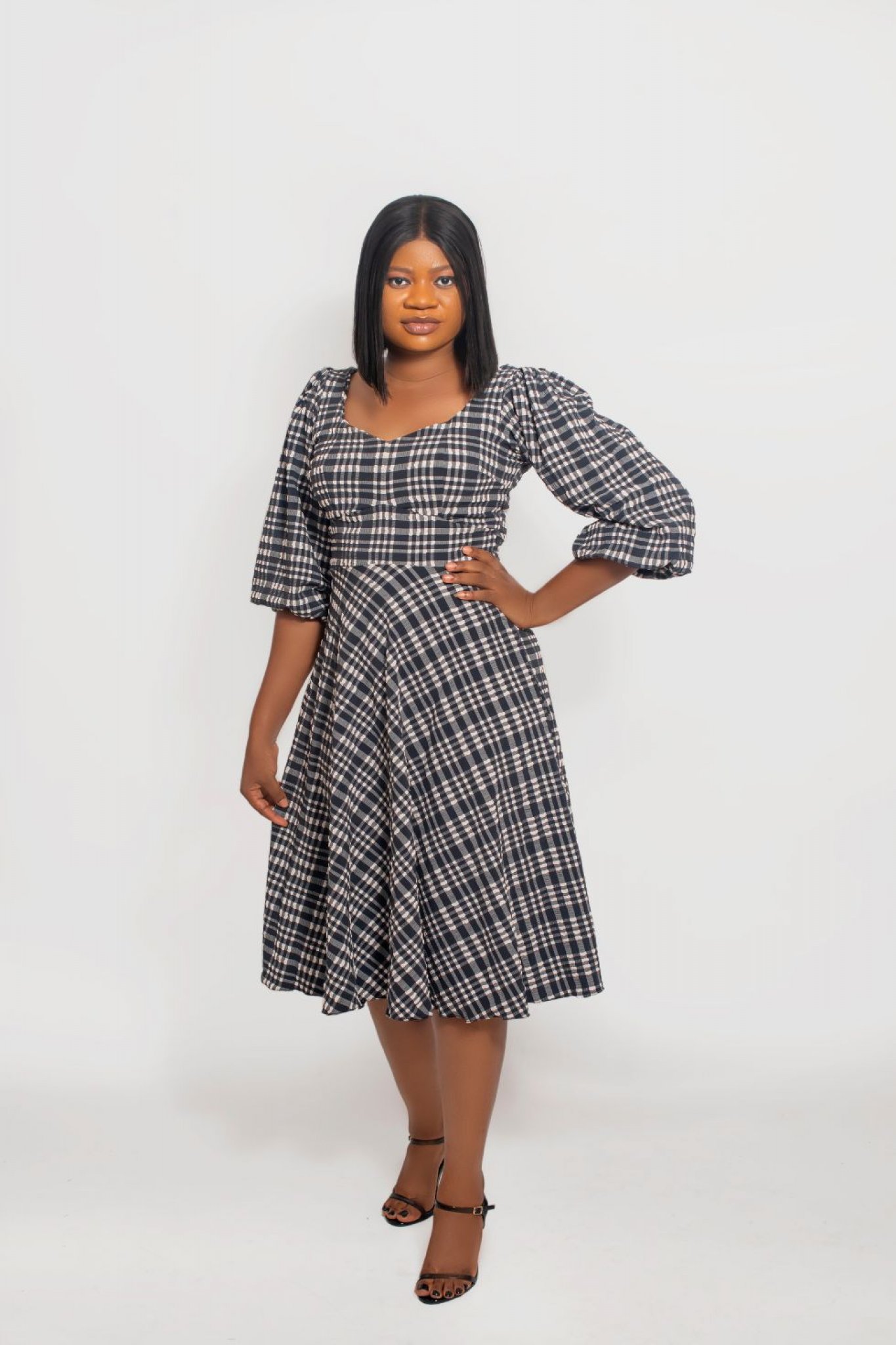 Printed Textured Fit and Flare Dress with Sweetheart Neckline