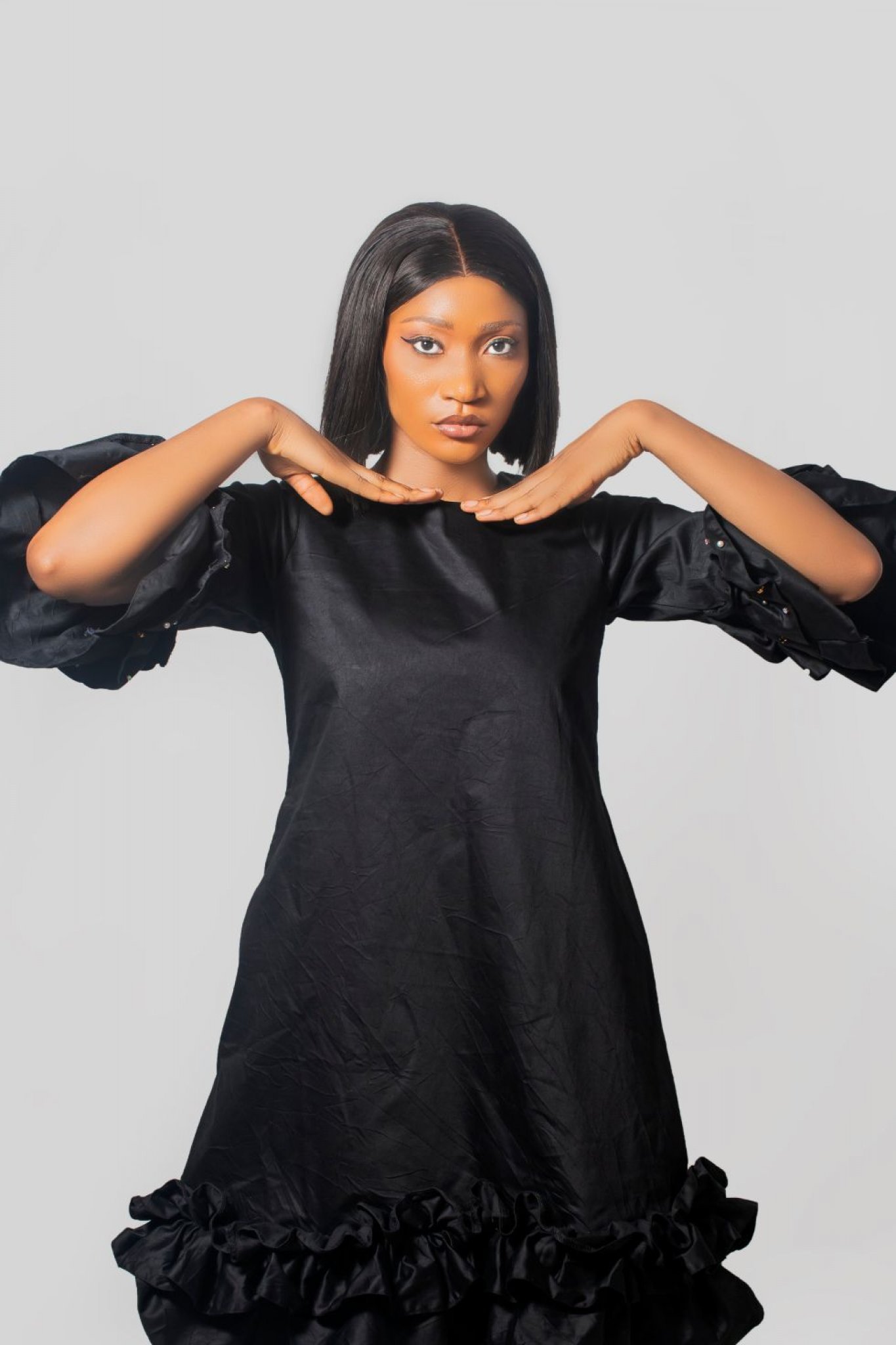 Ruffle Hem Shift Dress With Stoned Ruffle Sleeves
