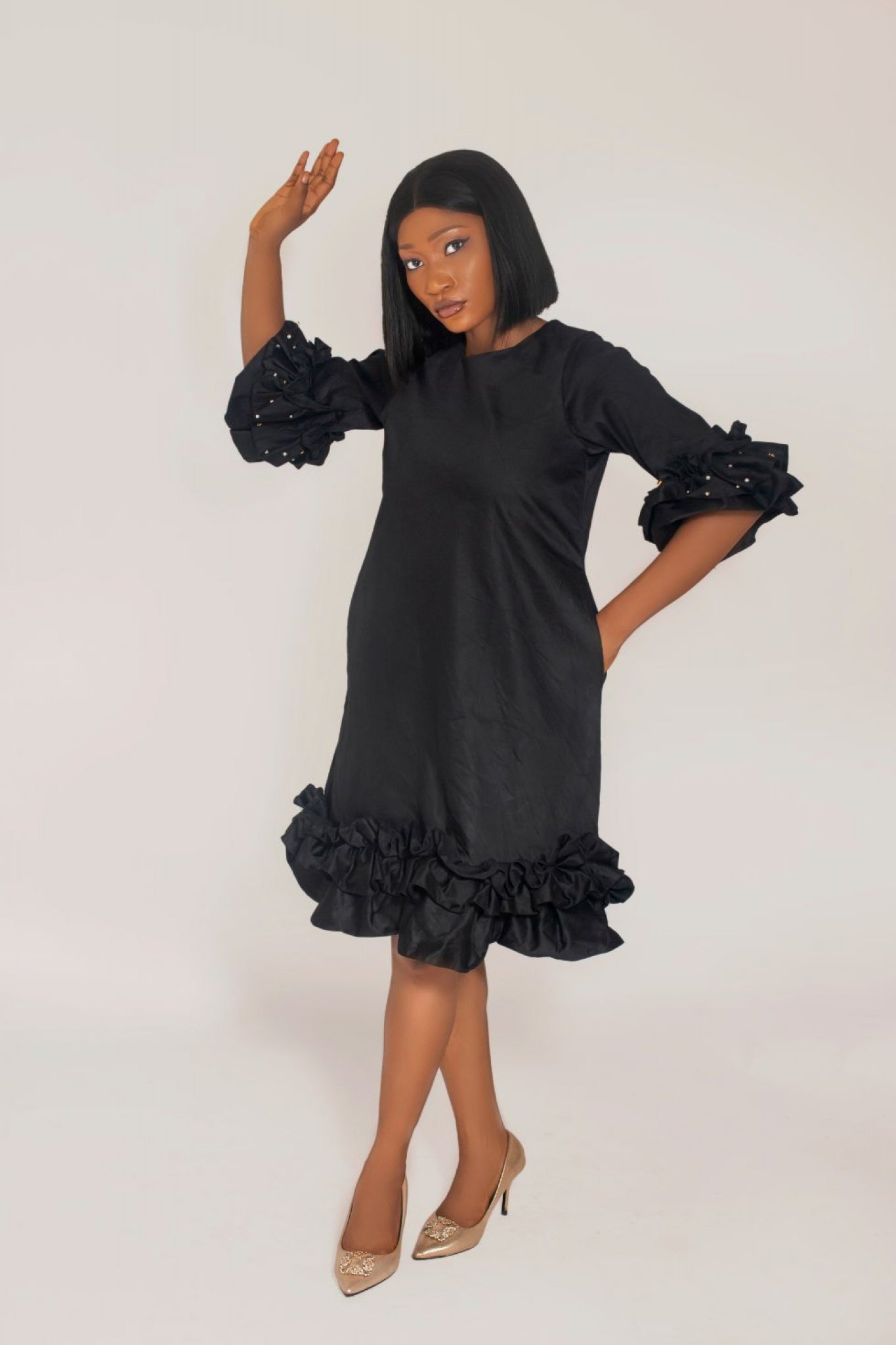 Ruffle Hem Shift Dress With Stoned Ruffle Sleeves